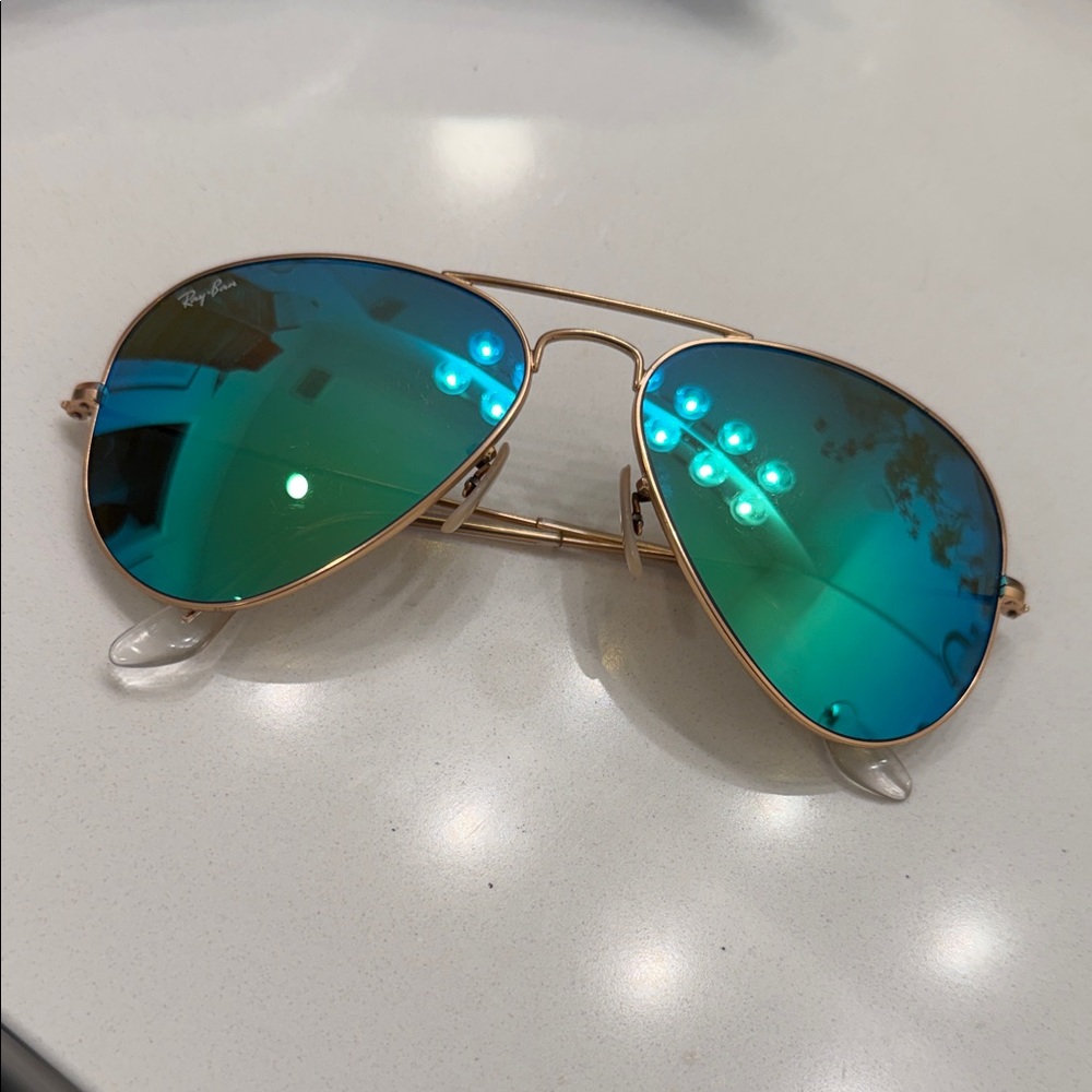 Ray-Ban Gold Frame Sunglasses with Blue-Green Lenses